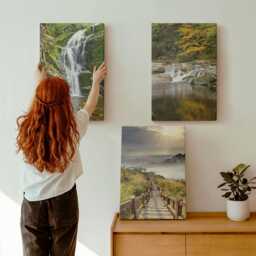 Canvas Art Set Of 3 - Waterfalls, Mountains, Cloud Paths & Autumn Views, Green Photo Print, Landscapes Wall Decor - thumbnail 1