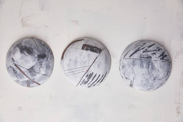 Set Of 3 Abstract Ceramic Wall Art, Geometric Sgraffito Design - image 1