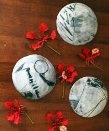 Set Of 3 Abstract Ceramic Wall Art, Geometric Sgraffito Design - thumbnail 2