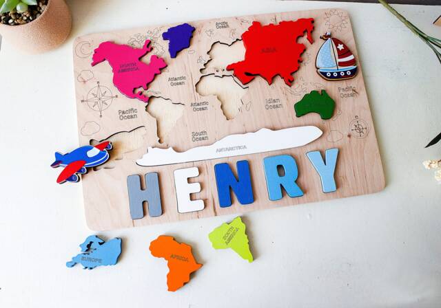 Personalized Name Puzzle With Pegs World Map Birthday Baby Gift Montessori Toys Wood World Educational - image 1