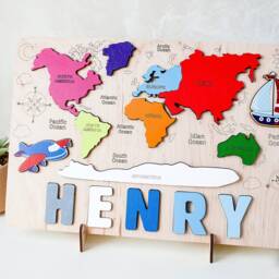 Personalized Name Puzzle With Pegs World Map Birthday Baby Gift Montessori Toys Wood World Educational - thumbnail 2