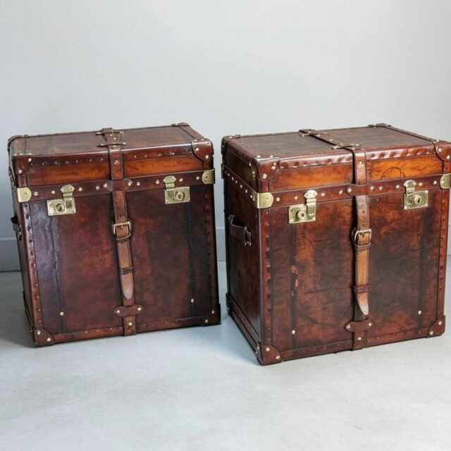 Reclaimed English Leather Trunks, Victorian Style Side Table Storage, Unique Handmade - image 1