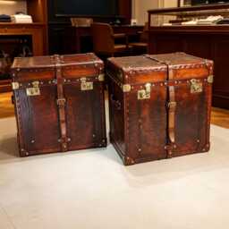 Reclaimed English Leather Trunks, Victorian Style Side Table Storage, Unique Handmade - thumbnail 2