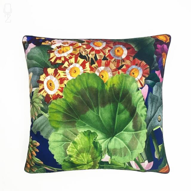 Floral Chenille Cushion Cover Double-Sided Print, Black Piping - 17x17 - image 1