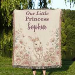 Personalized Princess Blanket, Custom Name Watercolor Bunny Keepsake, Little Nursery Throw, Baby Girl Gift - thumbnail 1