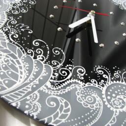 Hand-Painted Floral Wall Clock Black Glass Art, Silent Movement - thumbnail 2