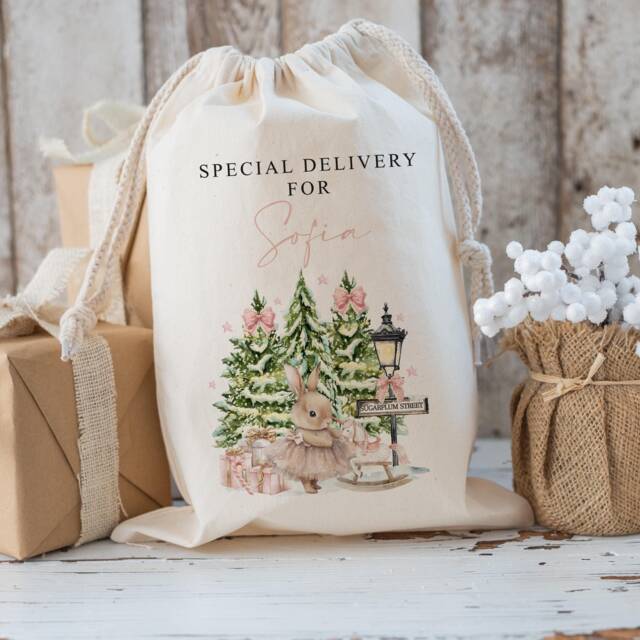 Personalised Large Santa Christmas Sack For Girls , Xmas Toy Sack With Name & Sugerplum Bunny, Personalised Stocking , Christmas Gift - image 1