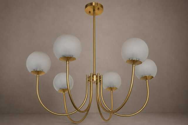Castle Style 6-Light Brass Chandelier - Brushed Globe Milky Glass Pendant Light Medieval Inspired Ceiling Fixture - image 1