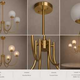 Castle Style 6-Light Brass Chandelier - Brushed Globe Milky Glass Pendant Light Medieval Inspired Ceiling Fixture - thumbnail 3