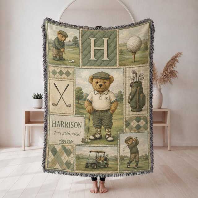 Personalized Golf Baby Woven Blanket, Custom Name Nursery Decor, Boy Shower Gift - image 1