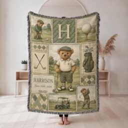Personalized Golf Baby Woven Blanket, Custom Name Nursery Decor, Boy Shower Gift - thumbnail 1