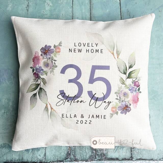 Personalised Home Sweet Address Quote Purple Blush Floral Design Linen Style Cushion Cover