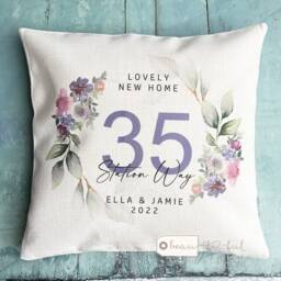Personalised Home Sweet Address Quote Purple Blush Floral Design Linen Style Cushion Cover