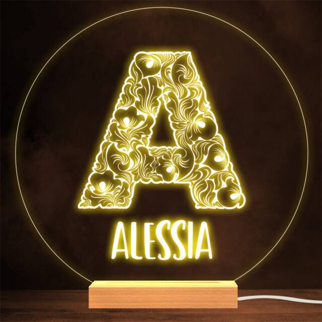 Floral Font Letter Initial A Personalised Gift Lamp Night Light - image 1