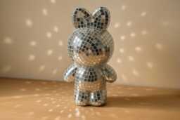 Disco Rabbit Figurine Real Glass Mirror Tile, 70S Retro Decor