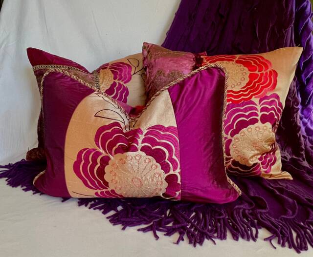 "Bohemian Style , Embroidered Silk Pillow Cover, Magenta & Orange, Jane Hall Design, 14""x 20" - image 1