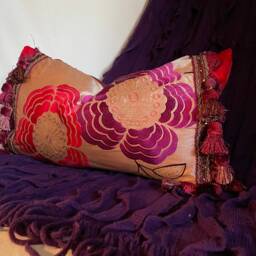 "Bohemian Style , Embroidered Silk Pillow Cover, Magenta & Orange, Jane Hall Design, 14""x 20" - thumbnail 4