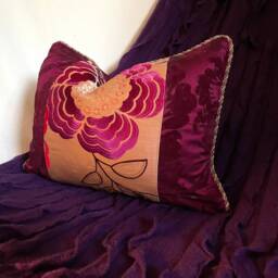 "Bohemian Style , Embroidered Silk Pillow Cover, Magenta & Orange, Jane Hall Design, 14""x 20" - thumbnail 2
