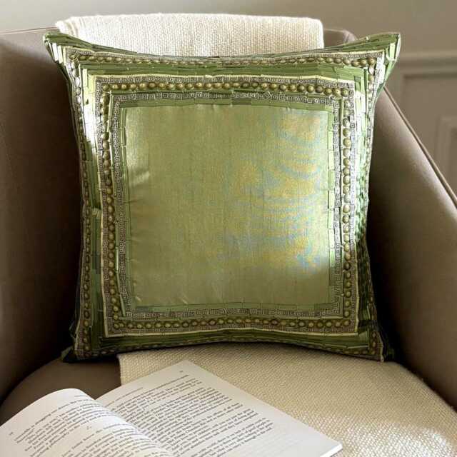 Green Art Silk, Sequin Embellished Bordered Pattern, Modern Throw Pillow Cover/Euro Sham - Envy - image 1