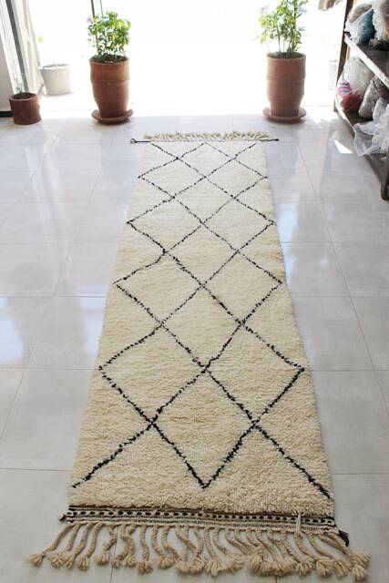 Authentic Moroccan Hallway Runner Rug With Black Diamond Patterns - Beni Ourain Berber Bohemian Carpet 100% Woven Wool - image 1