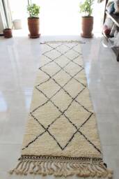 Authentic Moroccan Hallway Runner Rug With Black Diamond Patterns - Beni Ourain Berber Bohemian Carpet 100% Woven Wool - thumbnail 1