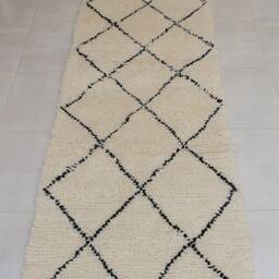Authentic Moroccan Hallway Runner Rug With Black Diamond Patterns - Beni Ourain Berber Bohemian Carpet 100% Woven Wool - thumbnail 2