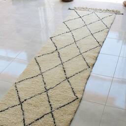 Authentic Moroccan Hallway Runner Rug With Black Diamond Patterns - Beni Ourain Berber Bohemian Carpet 100% Woven Wool - thumbnail 3