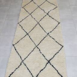 Authentic Moroccan Hallway Runner Rug With Black Diamond Patterns - Beni Ourain Berber Bohemian Carpet 100% Woven Wool - thumbnail 4