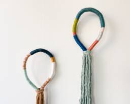Set Of 2 Pastel Wall Tassels For Boho Home Decor - Pair Fringed Wrapped Rope Loops - thumbnail 1