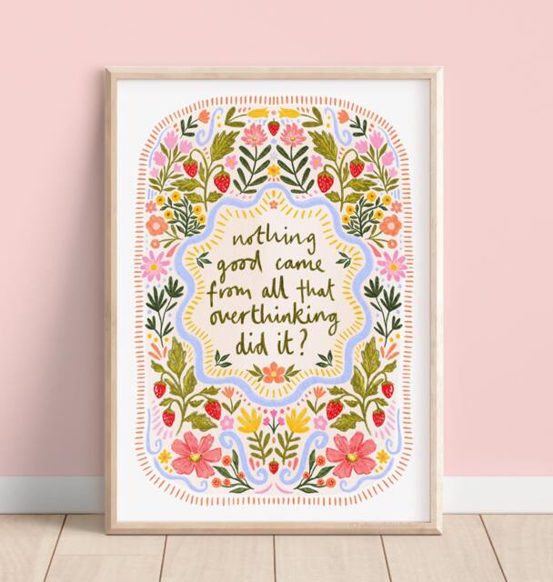 Overthinking Floral Strawberry Quote Print, Bohemian Wild Flower Wall Art, Positive Mind Artwork, Mental Health Prints, Poster - image 1