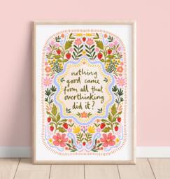 Overthinking Floral Strawberry Quote Print, Bohemian Wild Flower Wall Art, Positive Mind Artwork, Mental Health Prints, Poster - thumbnail 1