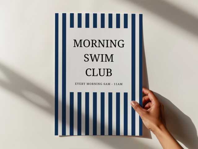 Swimming Club Print - Vintage Swimming Prints Print Blue Striped Pool House Decor Summer Art Wall - image 1