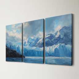 Patagonia Glacier 3 Panel Split Canvas Wall Art Cool Toned Mountain Landscape Scenic Ice Field Oil Painting Framed Home Decor - thumbnail 1