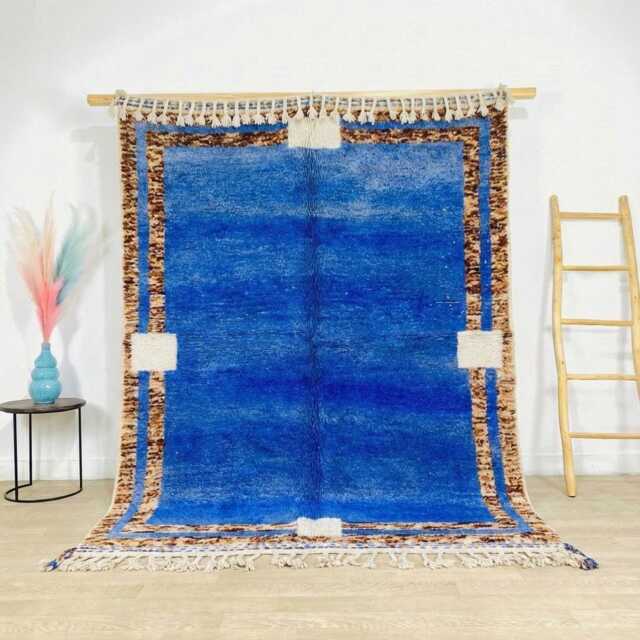 Moroccan Blue Berber Rug, Handwoven Wool Shag Rug With Framed Square Motifs, Authentic Beni Ourain Carpet, Large 9x12 Area - image 1