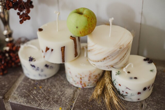 Set Of 5 Different Natural Wax Candles - Scented With Essential Oils Handmade Aromatherapy Decorated Dried Plants - image 1