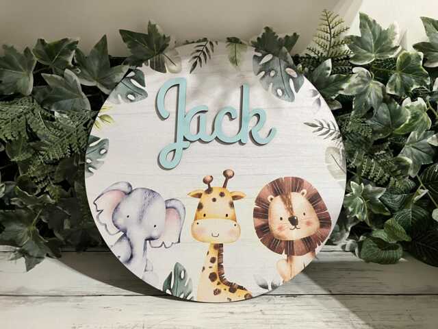 Personalised Wooden Jungle Safari Circle Name Plaque - Nursery Wall Decor Baby Sign - image 1