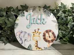Personalised Wooden Jungle Safari Circle Name Plaque - Nursery Wall Decor Baby Sign - thumbnail 1