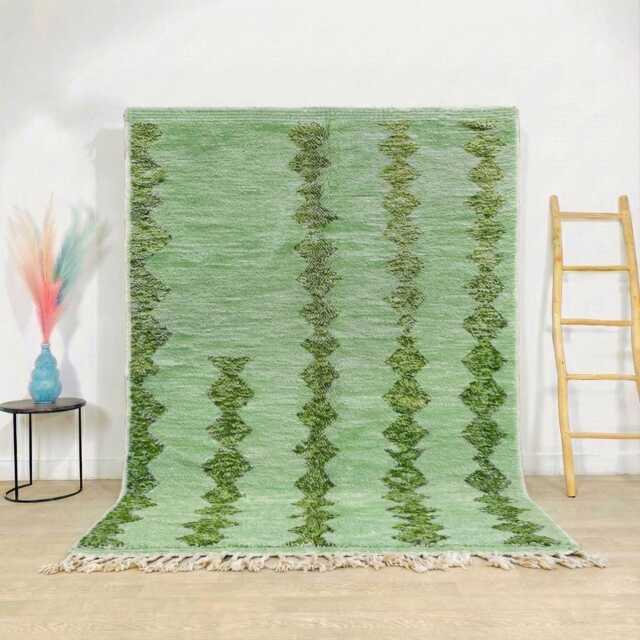 Moroccan Green Berber Rug, Handwoven Wool Shag Rug With Diamond Columns, Authentic Beni Ourain Style Carpet, Large 9x12 Area - image 1