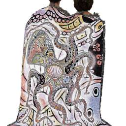 Octopus Woven Tapestry Blanket, Native American Inspired, Pacific Northwest Totem Throw By Sue Coccia 100% Cotton Made in The Usa 72x54 - thumbnail 3