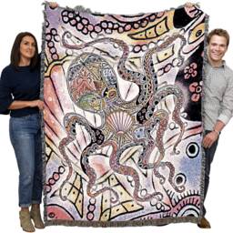 Octopus Woven Tapestry Blanket, Native American Inspired, Pacific Northwest Totem Throw By Sue Coccia 100% Cotton Made in The Usa 72x54 - thumbnail 2