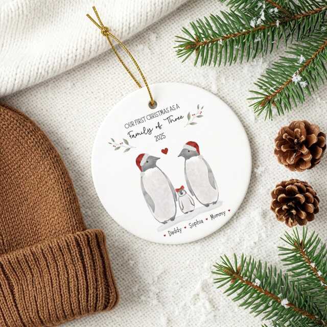 First Christmas As A Family Of 3 Bauble Personalised Penguin Ornament 2025 Keepsake Gift - image 1