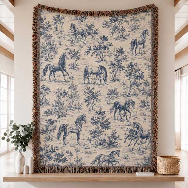 Horse Toile Woven Blanket, Vintage Style Lover Blue French Country Throw - image 1