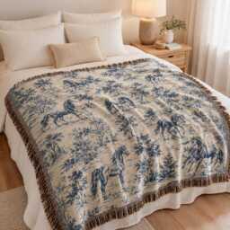 Horse Toile Woven Blanket, Vintage Style Lover Blue French Country Throw - thumbnail 3