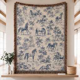 Horse Toile Woven Blanket, Vintage Style Lover Blue French Country Throw - thumbnail 1