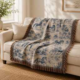 Horse Toile Woven Blanket, Vintage Style Lover Blue French Country Throw - thumbnail 2