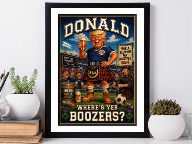 Donald Where's Yer Boozers? - Scotland Football Print Scottish Gift Bespoke World Cup A5 A4 A3 Framed Or Unframed - image 1
