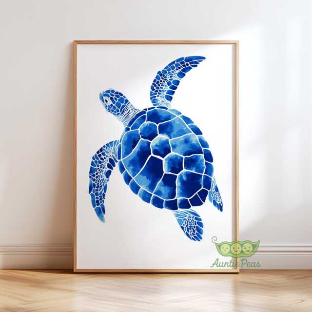 Blue Sea Turtle Wall Art Print, Coastal Ocean Animal Decor, Nautical Beach House Poster, Marine Life Watercolor Artwork - image 1