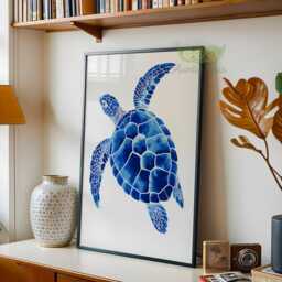 Blue Sea Turtle Wall Art Print, Coastal Ocean Animal Decor, Nautical Beach House Poster, Marine Life Watercolor Artwork - thumbnail 2