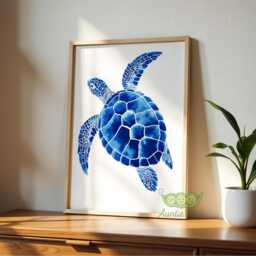 Blue Sea Turtle Wall Art Print, Coastal Ocean Animal Decor, Nautical Beach House Poster, Marine Life Watercolor Artwork - thumbnail 3