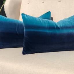 Harlequin Designer Velvet Pillow in Cocoa, Lagoon, Blueberry. Amazilia Lumbar Cover Tan, Aqua Blue, Indigo - thumbnail 3